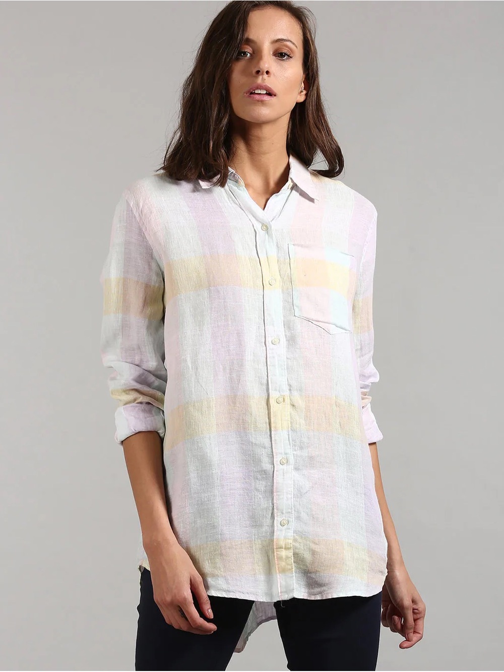 GAP 100% Linen | Pastel Plaid Button-Down | Yellow, Pink, Blue, Lavender | Women